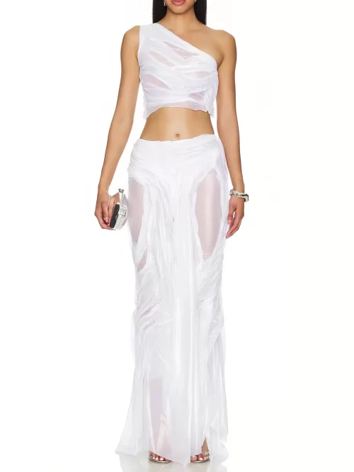 Wet Look Long Skirt Two-Piece Set
