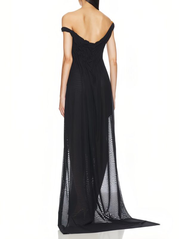 Wet Look Off-shoulder Long Dress With Double Thigh Split - Image 6