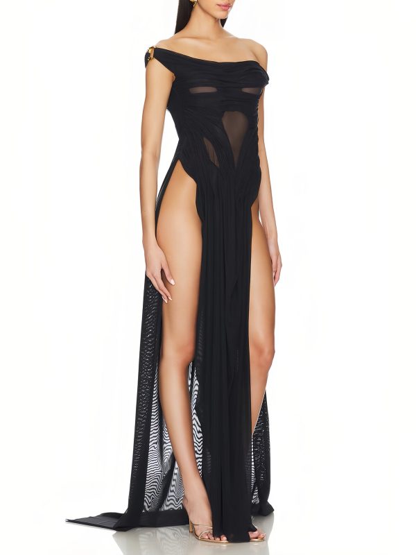 Wet Look Off-shoulder Long Dress With Double Thigh Split - Image 5