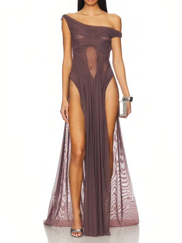 Wet Look Off-shoulder Long Dress With Double Thigh Split